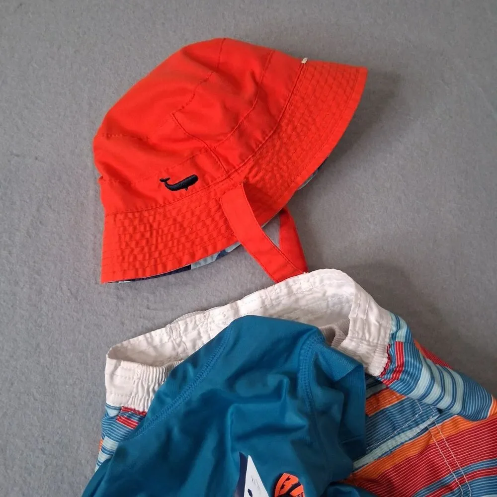 Oshkosh Bgosh Boys Swim Set Size 24m Rash Guard Top Trunks Shark Beach Ocean Hat